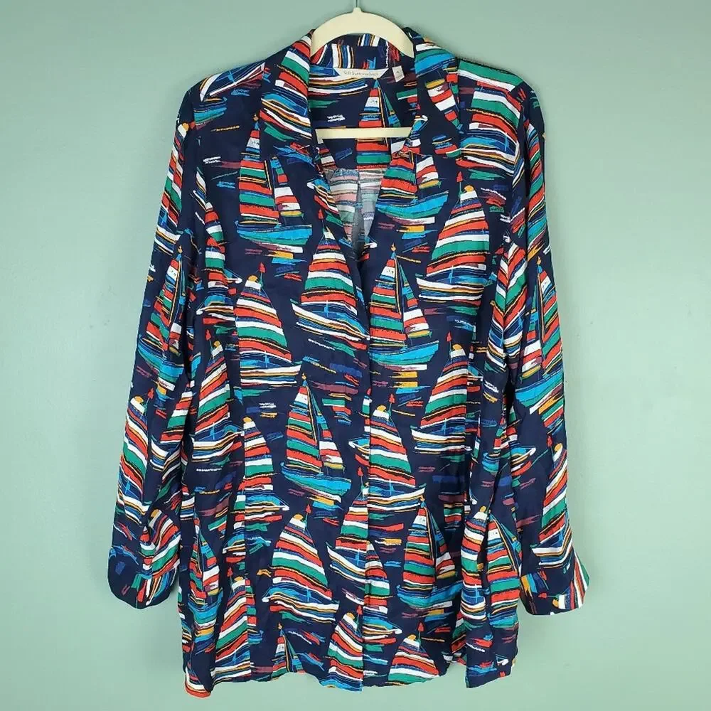 Soft Surroundings Nautical Colorful Sailboat Print Button Down Shirt Top Size XL